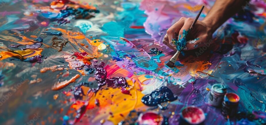 A detailed view of a hand holding a paintbrush, artistically applying vibrant, thick layers of colorful paint on a canvas, symbolizing the creative process in art therapy.